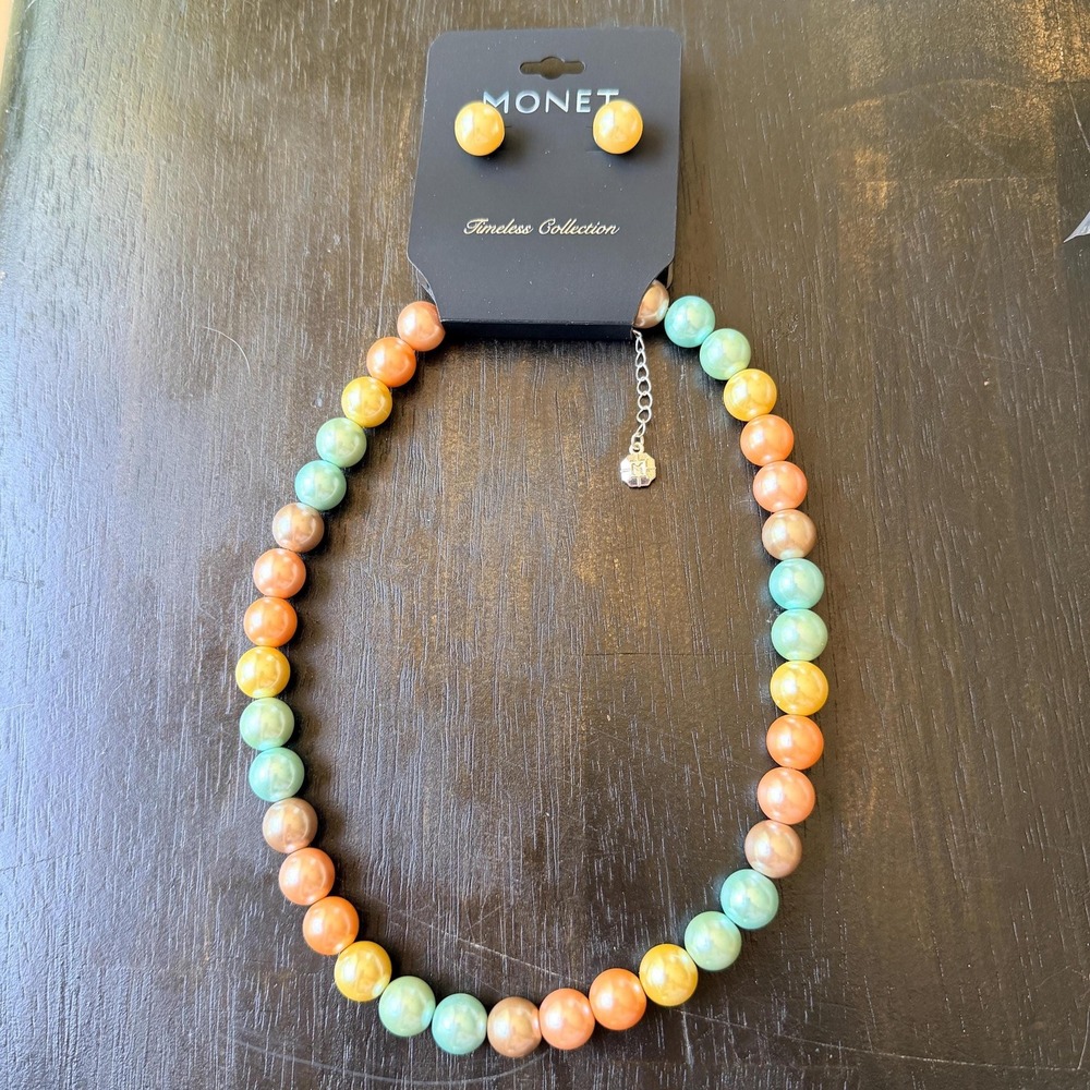 Vintage Monet Pastel Faux Pearl Necklace Earrings Set Sample One of a Kind